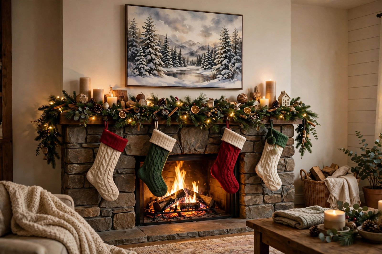 Christmas canvas wall art above a decorated fireplace mantel with stockings and garland