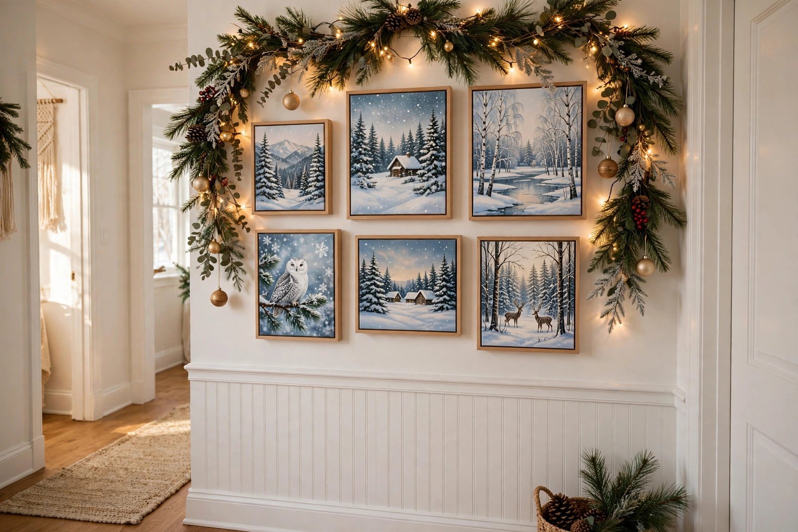 Christmas canvas wall art gallery wall with small festive winter prints and garland