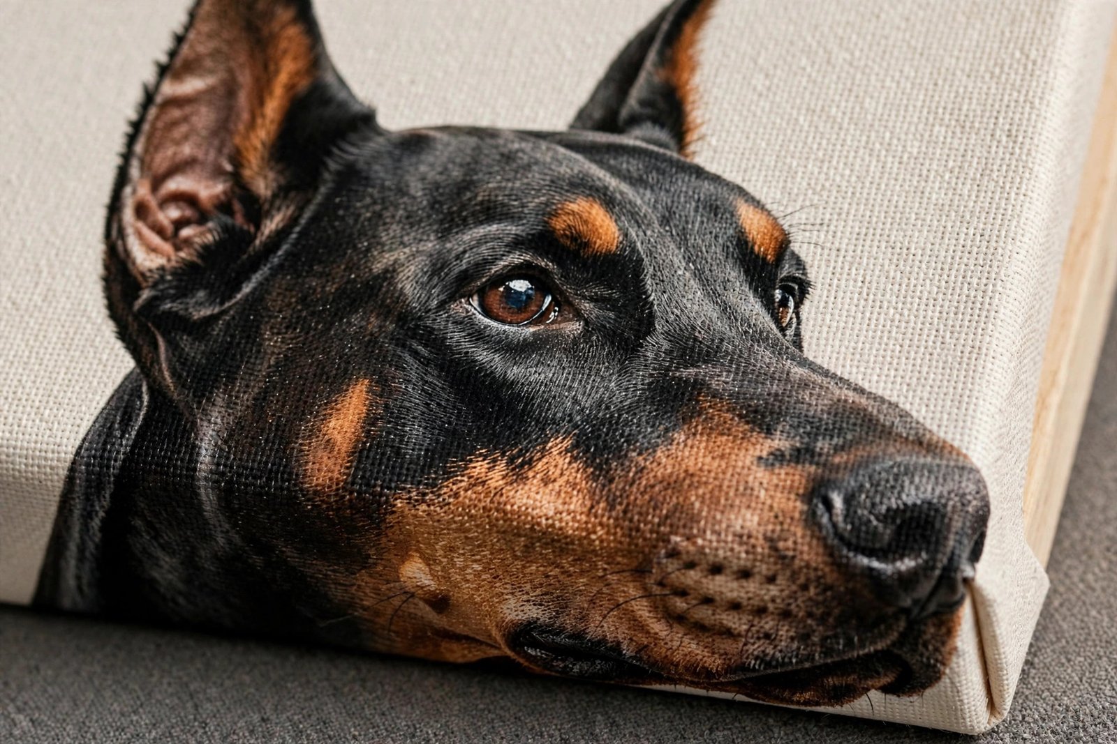 Close-up detail of a Doberman portrait printed on wrapped canvas showing the dog's face and canvas texture