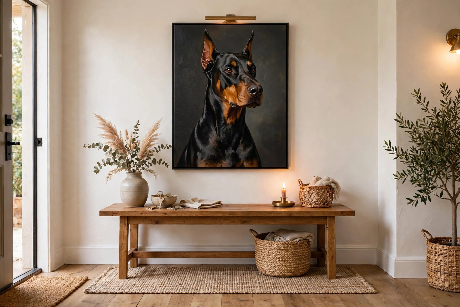 Doberman portrait canvas art hanging in a bright entryway above a wooden console table