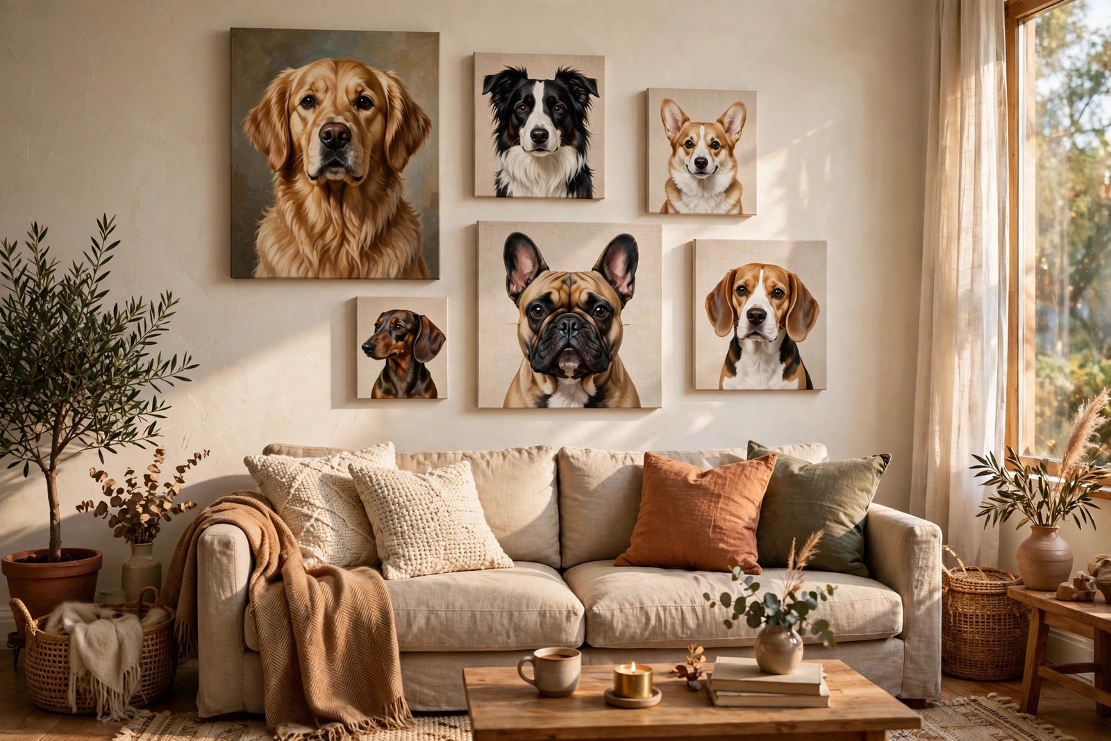 Gallery wall of dog portrait canvas prints in different sizes above a living room sofa