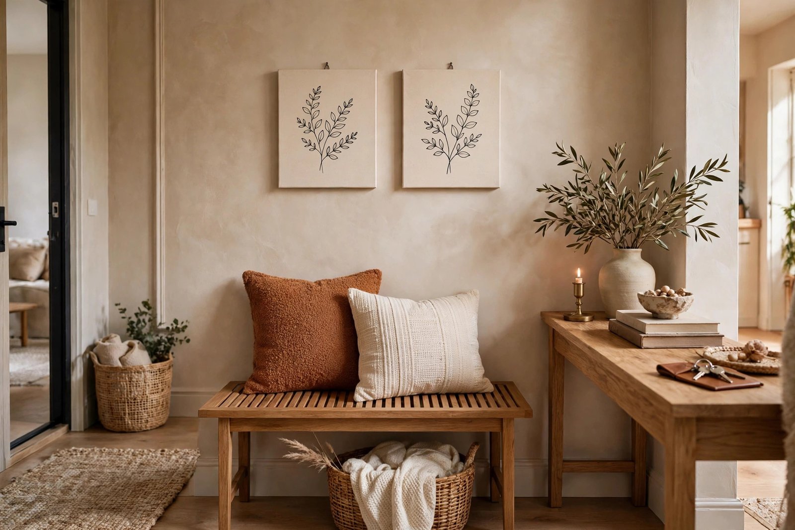 Pair of small canvas prints hanging above an entryway bench with a console table and warm decor