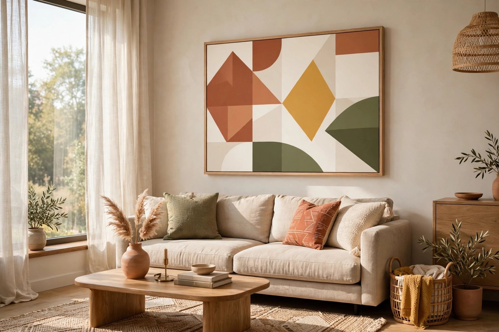 Modern living room with abstract geometric canvas art in a warm neutral palette above a beige sofa