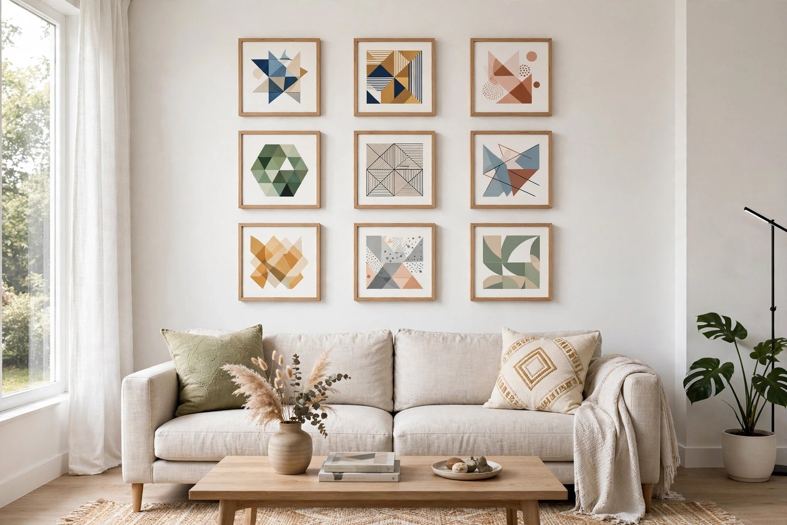 Gallery wall of small abstract geometric canvas prints in a bright modern living room
