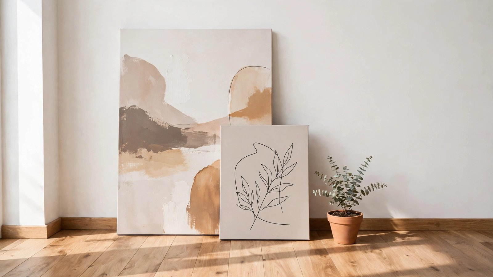 Styled floor display with large canvases leaning against a living room wall