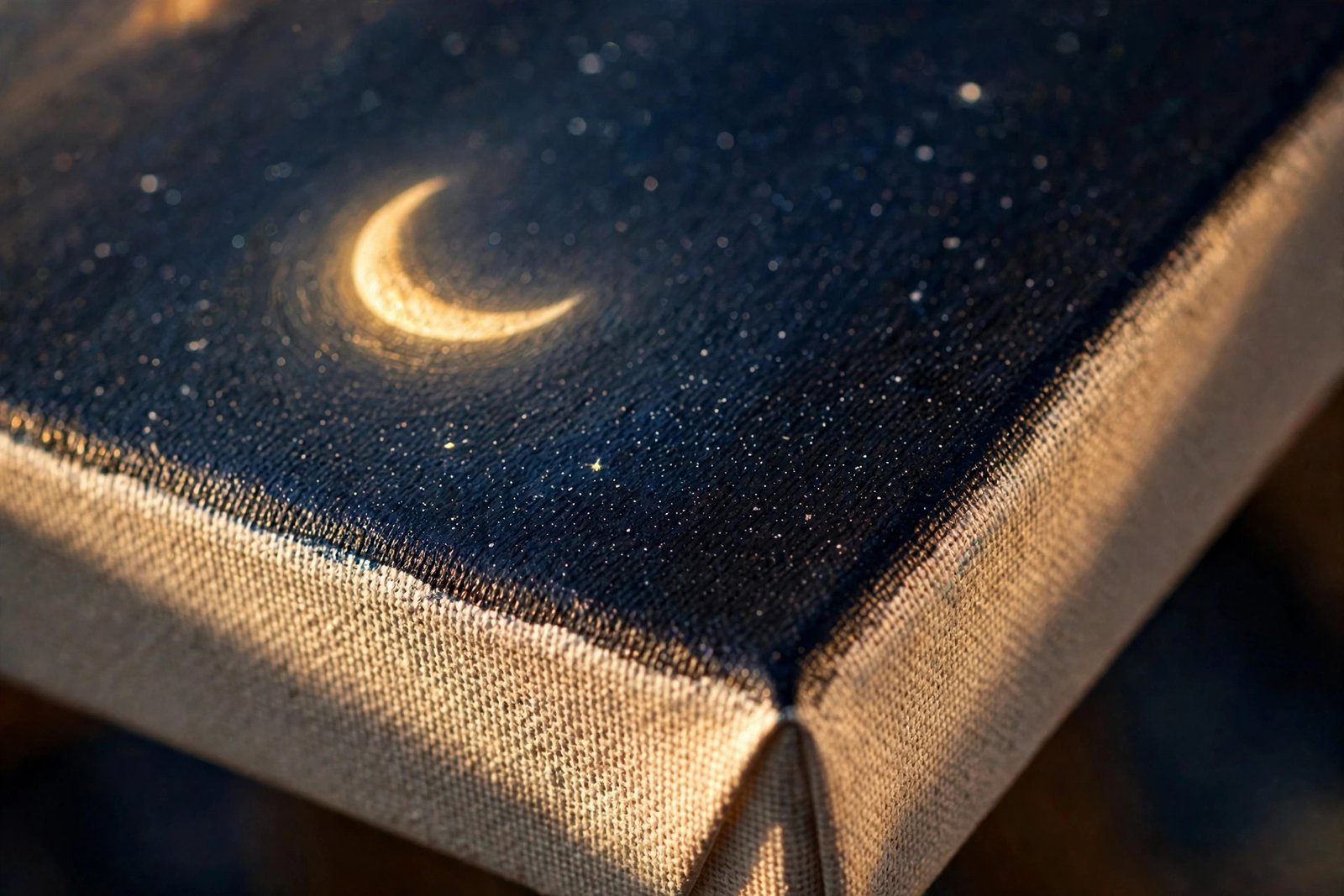 Close-up detail of crescent moon and stars on a black cat canvas print showing canvas texture