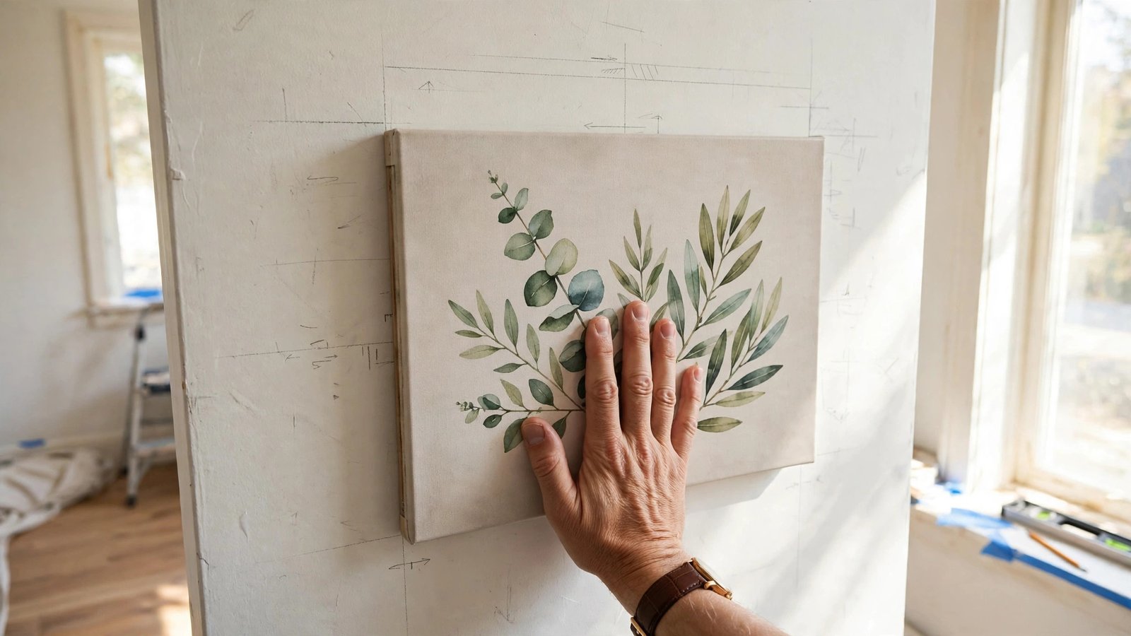 Hand pressing a canvas print firmly against a wall during installation