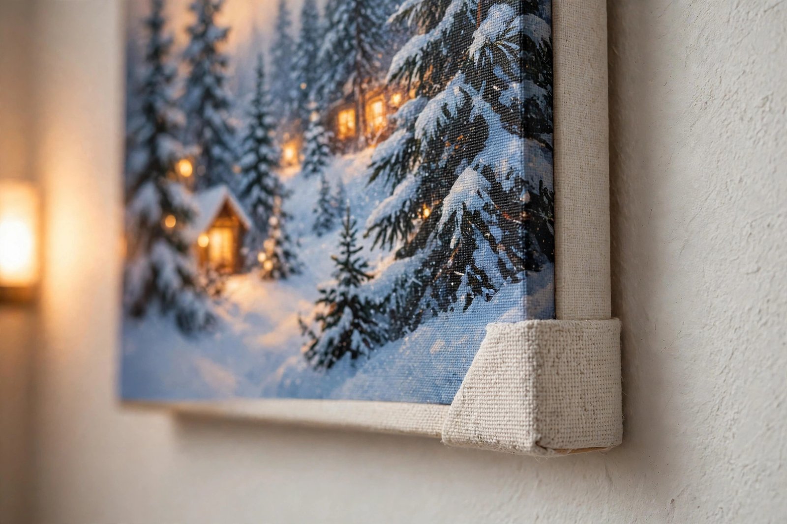 Close-up detail of Christmas canvas wall art showing canvas texture and a snowy winter scene