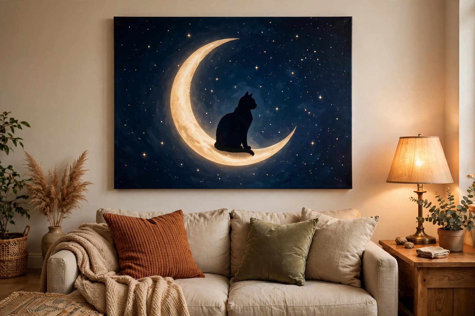 Black cat canvas wall art with crescent moon hanging above a sofa in a cozy living room