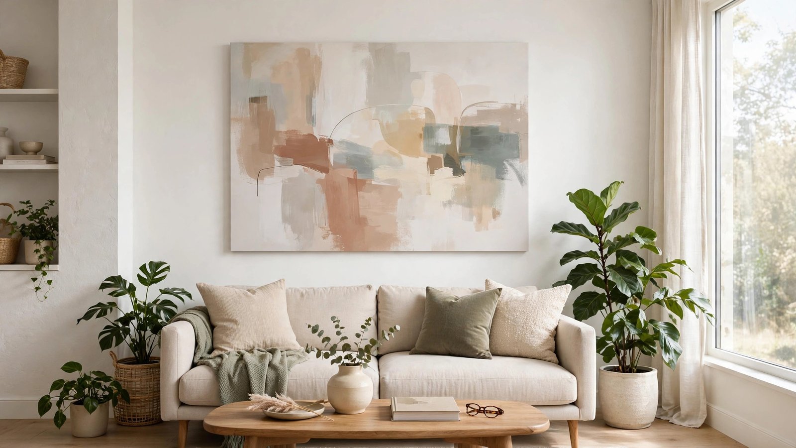 Canvas art hung in a bright living room with no visible hardware