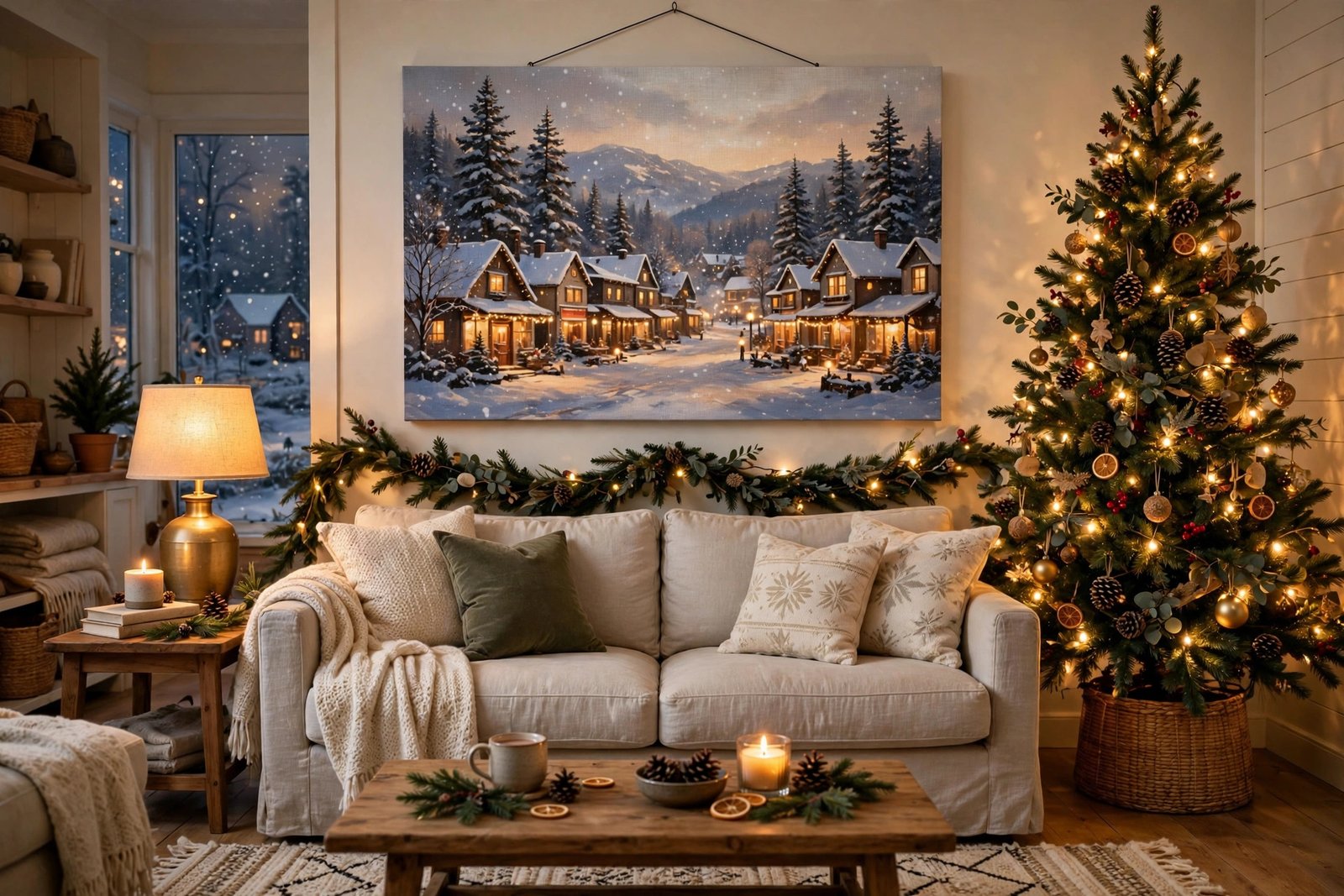 Christmas canvas wall art above a cozy living room sofa with a decorated tree