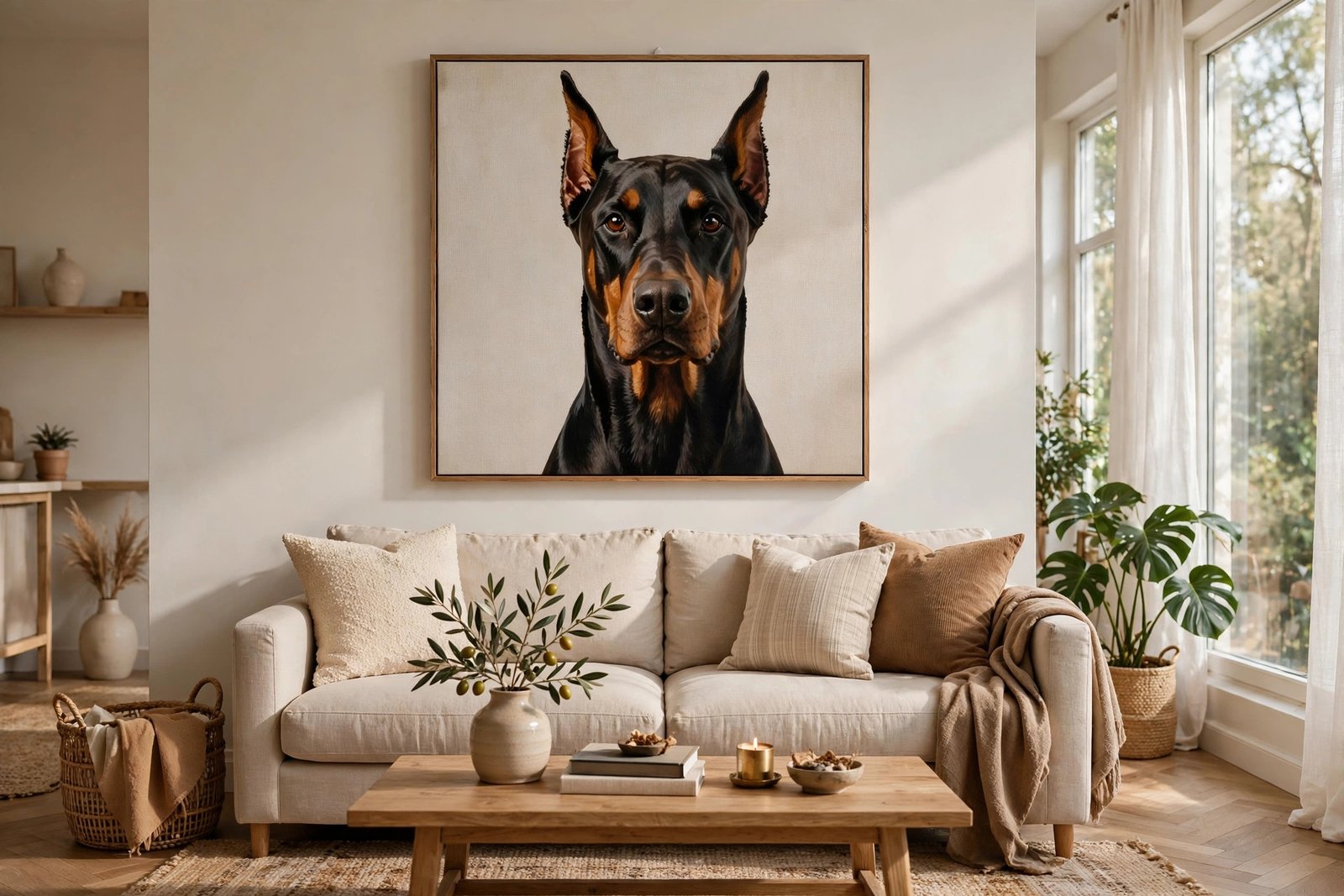 Doberman portrait canvas above a living-room sofa