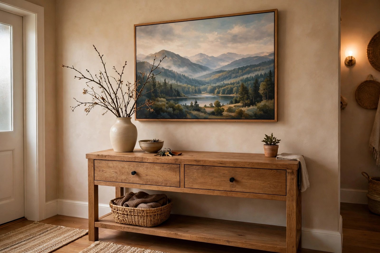 Entryway canvas art above a console table in a warm welcoming foyer
