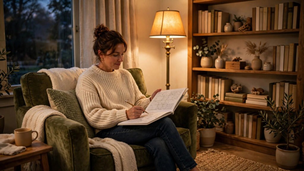 Cozy reading nook with a puzzle book and pencil